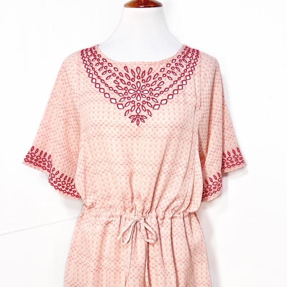 Anthropologie Embroidered Coral Peach Pastel Tie Waist Short Sleeve Kimono Top - Picture 9 of 11